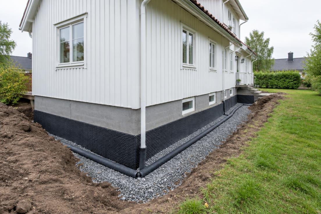 Uppgrävd husgrund med dräneringsskivor och grus längs källarväggen