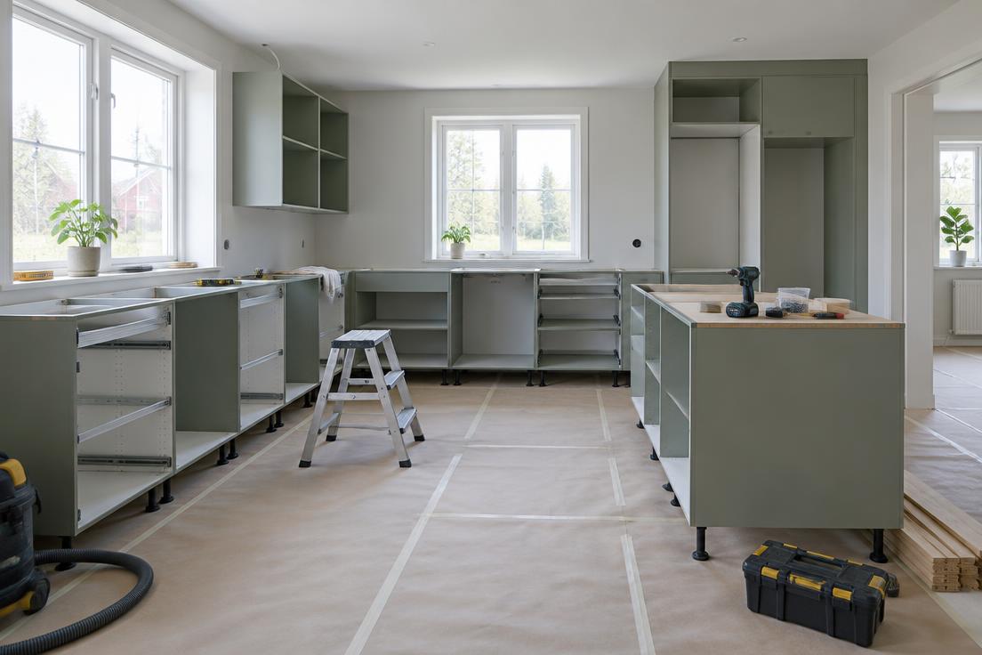 Svenskt kök under renovering med nya skåp och skyddat golv