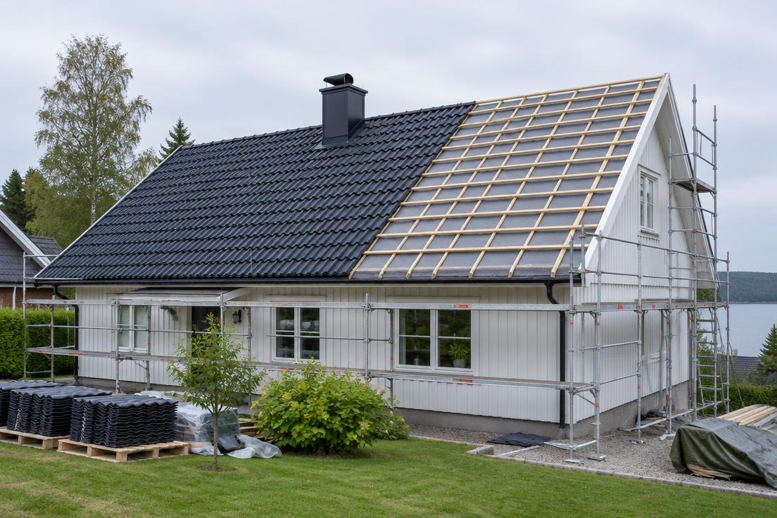 Villatak under takbyte med nytt underlag, läkt och takpannor