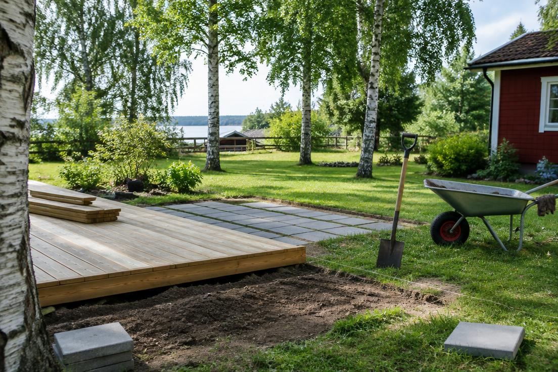 Nyanlagd träaltan och stenläggning i en svensk trädgård med skottkärra och spade