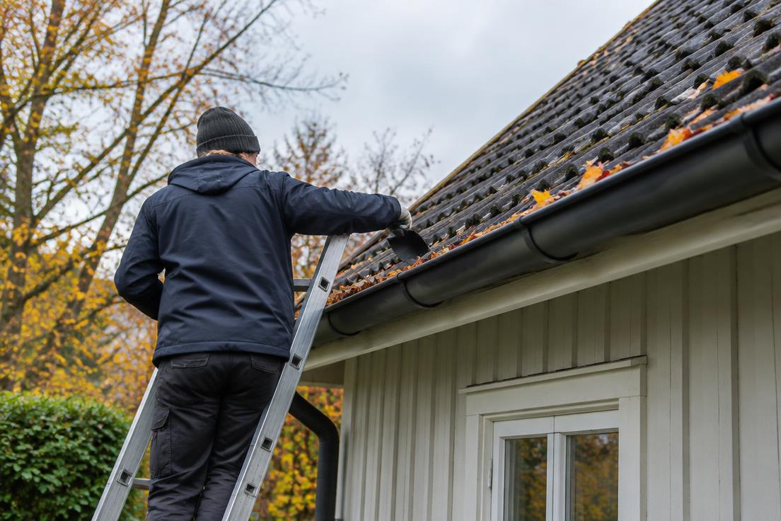 Person sett från bakom som rensar takrännor från löv på en svensk villa en höstdag