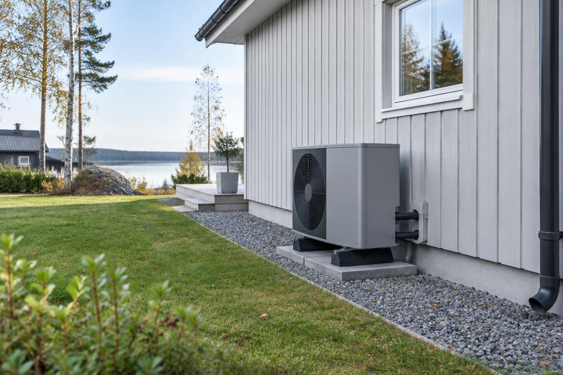 Luft-vattenvärmepump installerad utanför en svensk villa