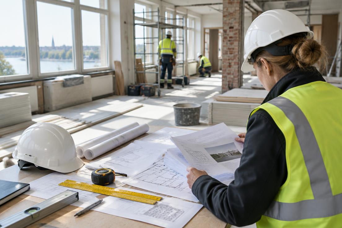 Arbetsledare som granskar underlag för ett större byggprojekt