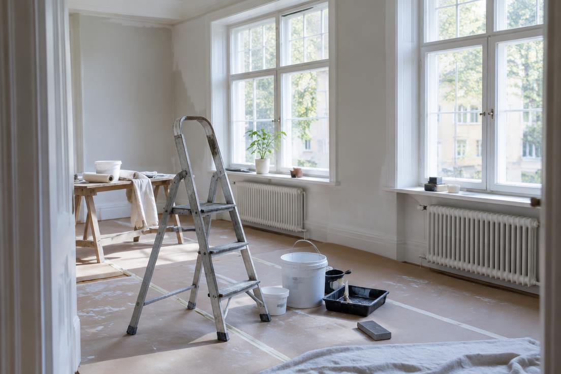 Ljust rum under varsam renovering med stege, målarverktyg och skydd på golvet